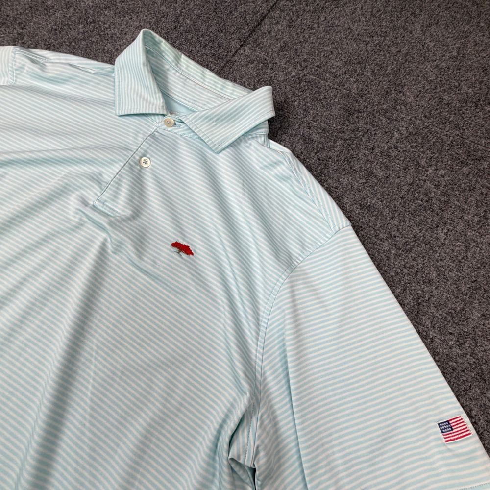 VTG FG Tech Mens Large Golf Polo Shirt Blue White Striped USA Flag Tree Logo